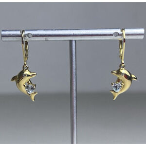 Ross Simons 925 Sterling Silver Dolphin Earrings Gold Tone Aquamarine Dangle
